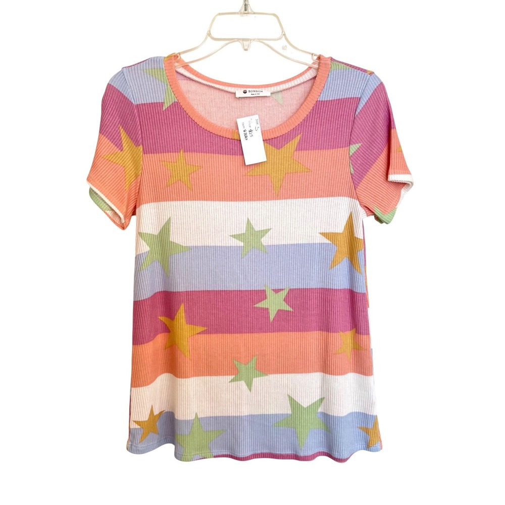 BOMBOM Boutique Women Rainbow Striped Star Print Rib Knit Short Sleeve Top Small